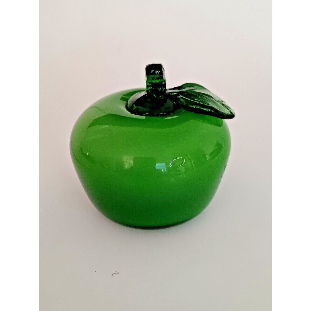 Murano Styl Glass GREEN APPLE Decorative Fruit Paperweight 3.5" Ornament Vintage